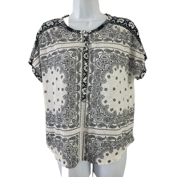 Lucky Brand Top Linen Blend Tunic Sz M White/Blue Paisley Peasant 1/4 Button up - Picture 1 of 9